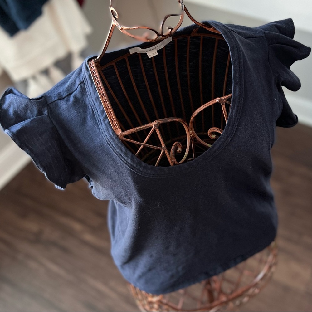 Loft Navy Ruffle Top Medium - image 4